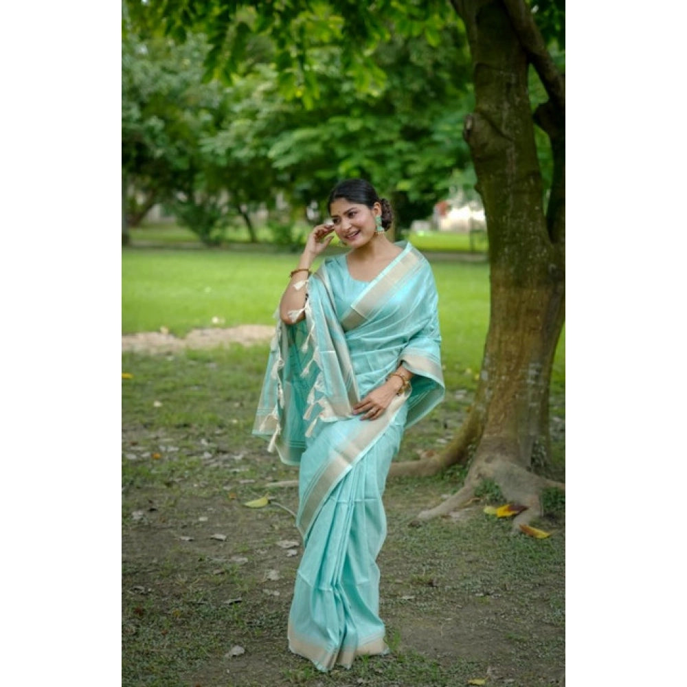 Faux_Banarasi Lining Pattern Saree With Unstitched Blouse 5.5Mtr (Light_Aqua_Blue)