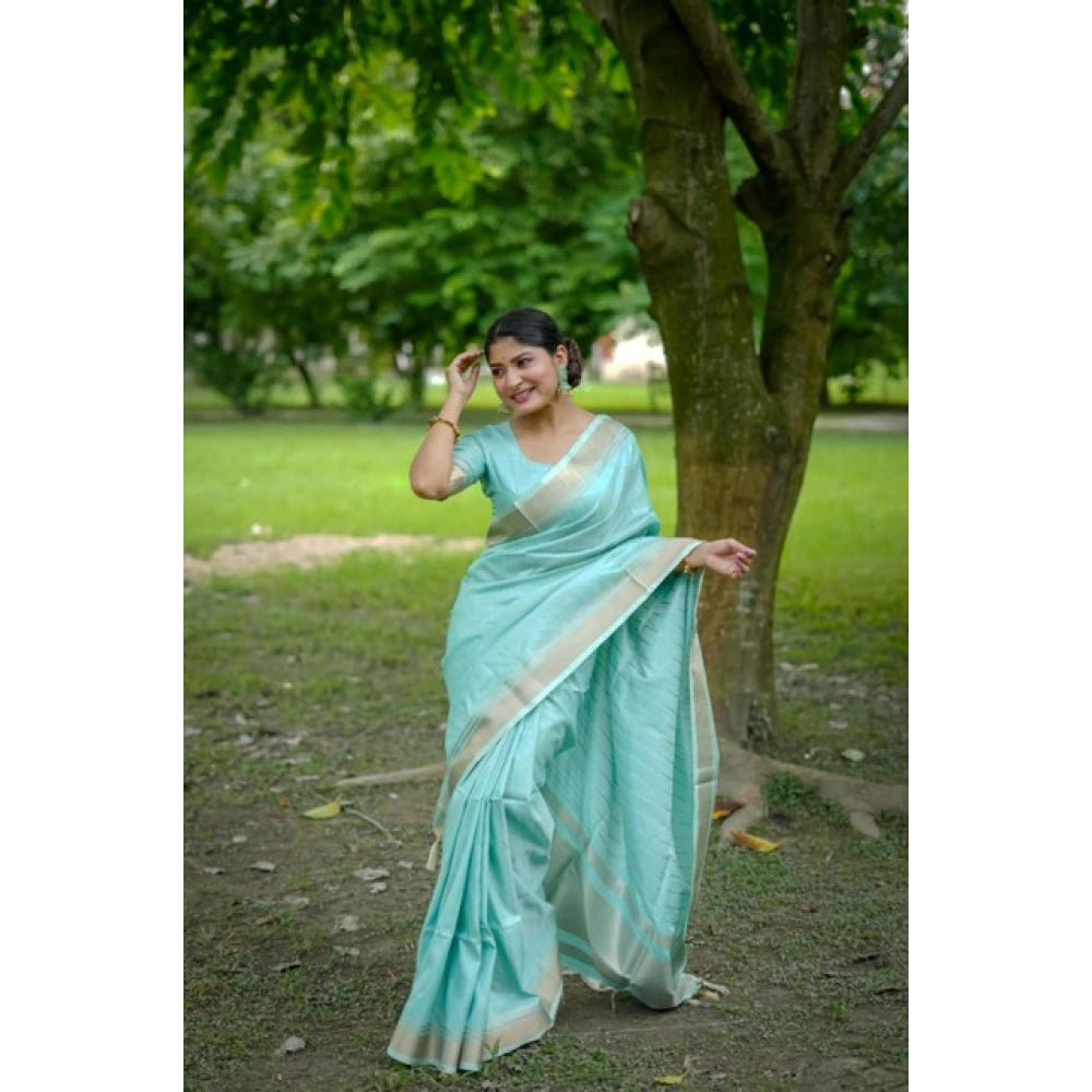 Faux_Banarasi Lining Pattern Saree With Unstitched Blouse 5.5Mtr (Light_Aqua_Blue)