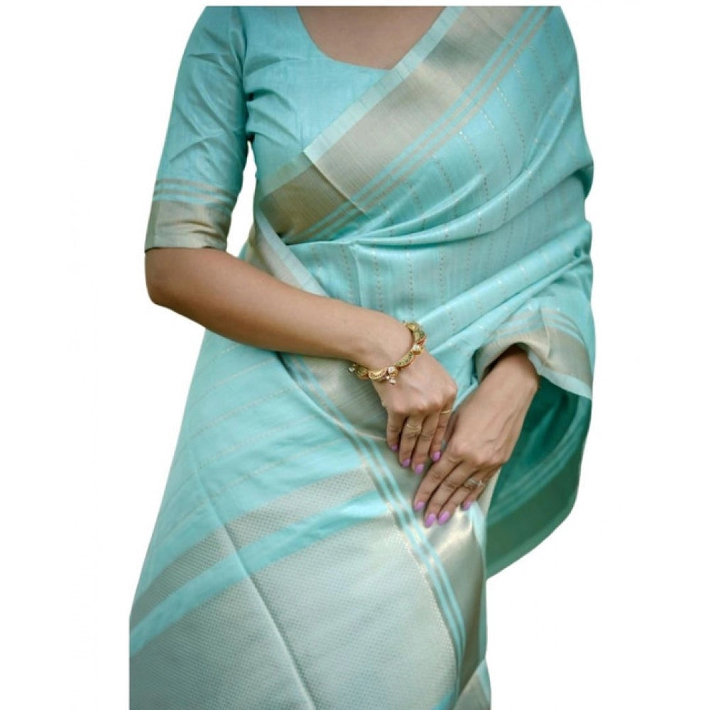 Faux_Banarasi Lining Pattern Saree With Unstitched Blouse 5.5Mtr (Light_Aqua_Blue)