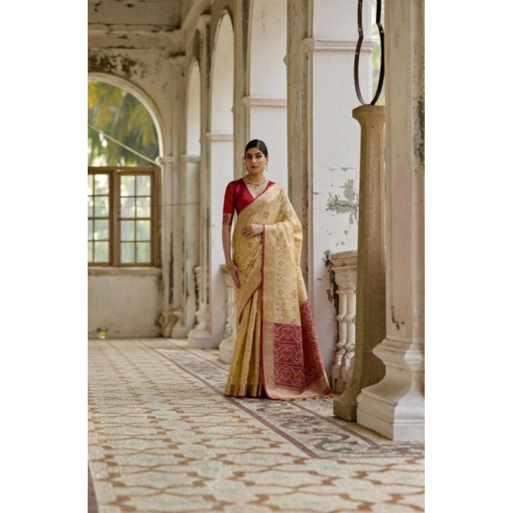 Silk_Blend Ethnic Ikat Pattern Saree With Unstitched Blouse 5.5Mtr (Cream)