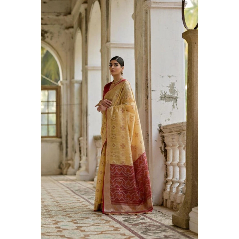 Silk_Blend Ethnic Ikat Pattern Saree With Unstitched Blouse 5.5Mtr (Cream)