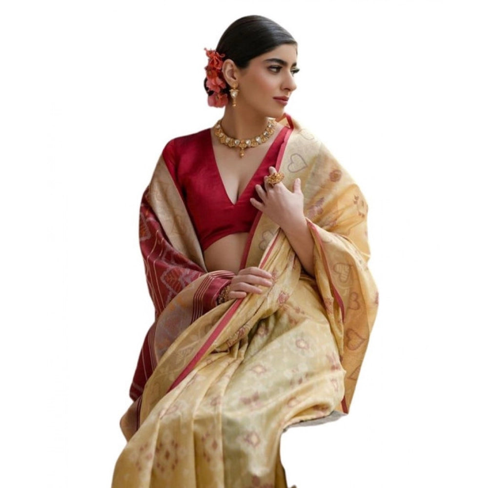 Silk_Blend Ethnic Ikat Pattern Saree With Unstitched Blouse 5.5Mtr (Cream)