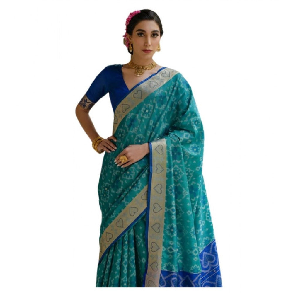 Silk_Blend Ethnic Ikat Pattern Saree With Unstitched Blouse 5.5Mtr (Teal)