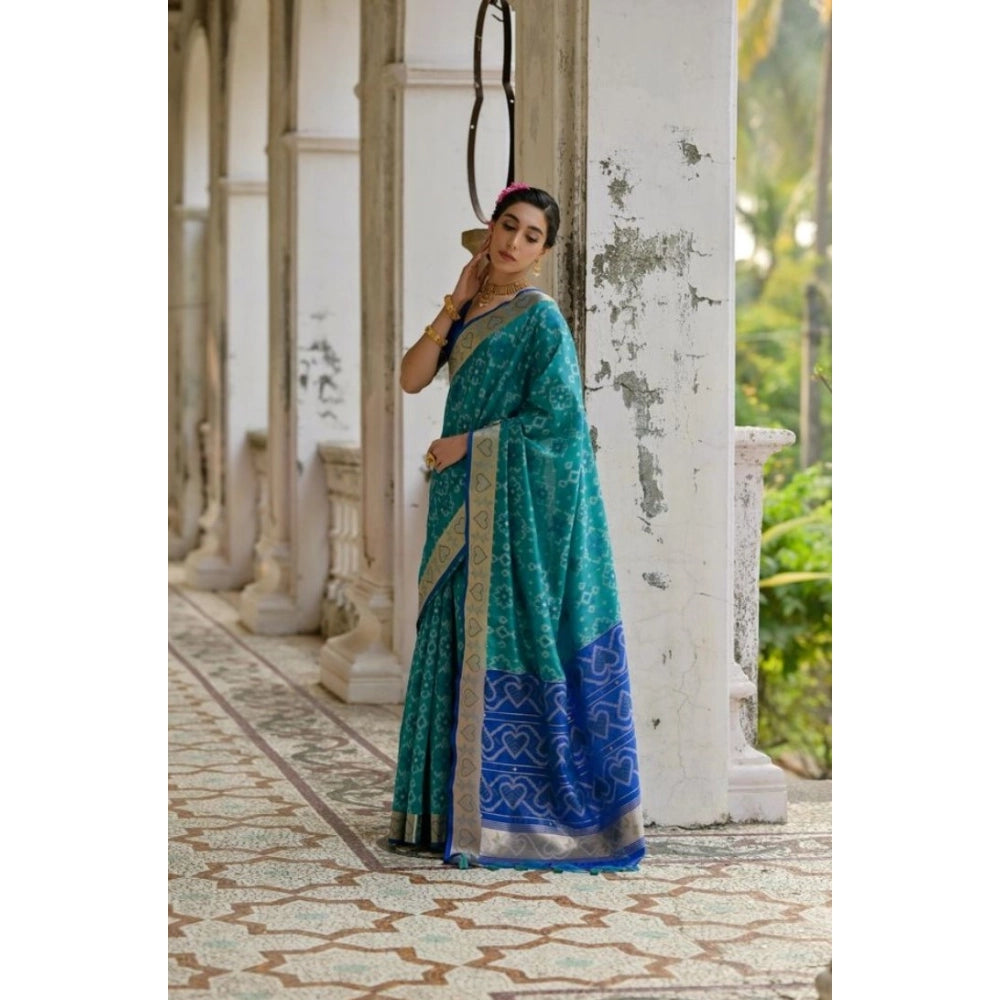 Silk_Blend Ethnic Ikat Pattern Saree With Unstitched Blouse 5.5Mtr (Teal)