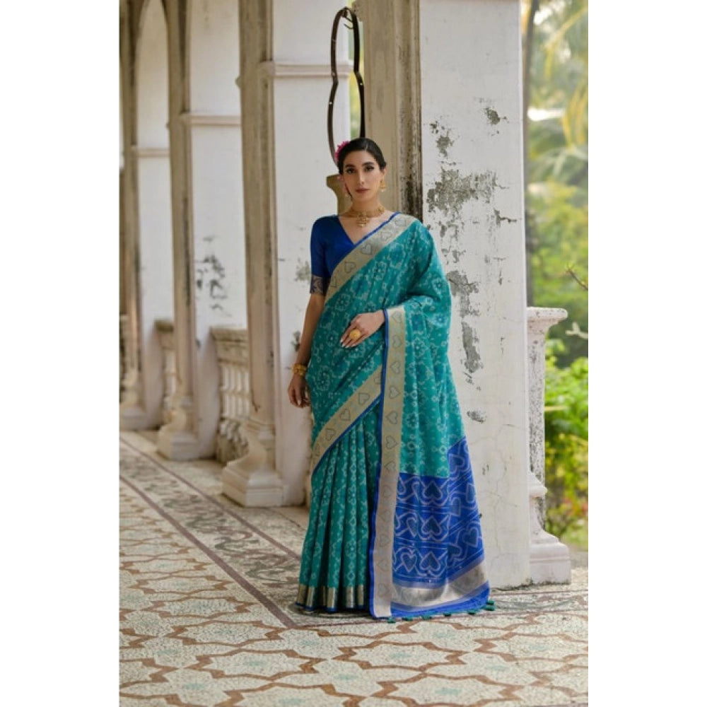 Silk_Blend Ethnic Ikat Pattern Saree With Unstitched Blouse 5.5Mtr (Teal)