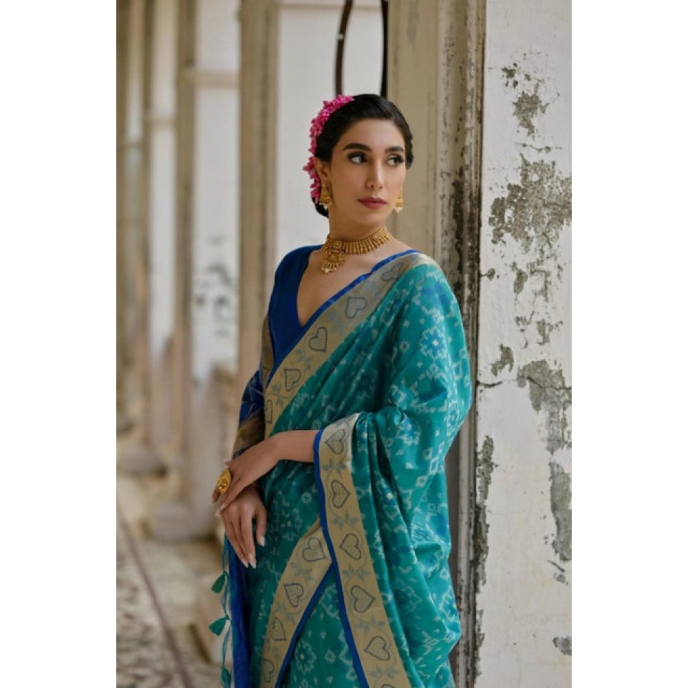 Silk_Blend Ethnic Ikat Pattern Saree With Unstitched Blouse 5.5Mtr (Teal)