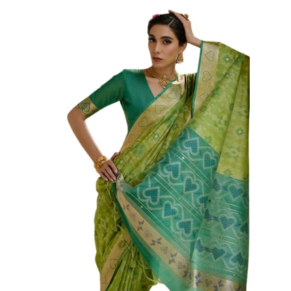 Silk_Blend Ethnic Ikat Pattern Saree With Unstitched Blouse 5.5Mtr (Light_Green)