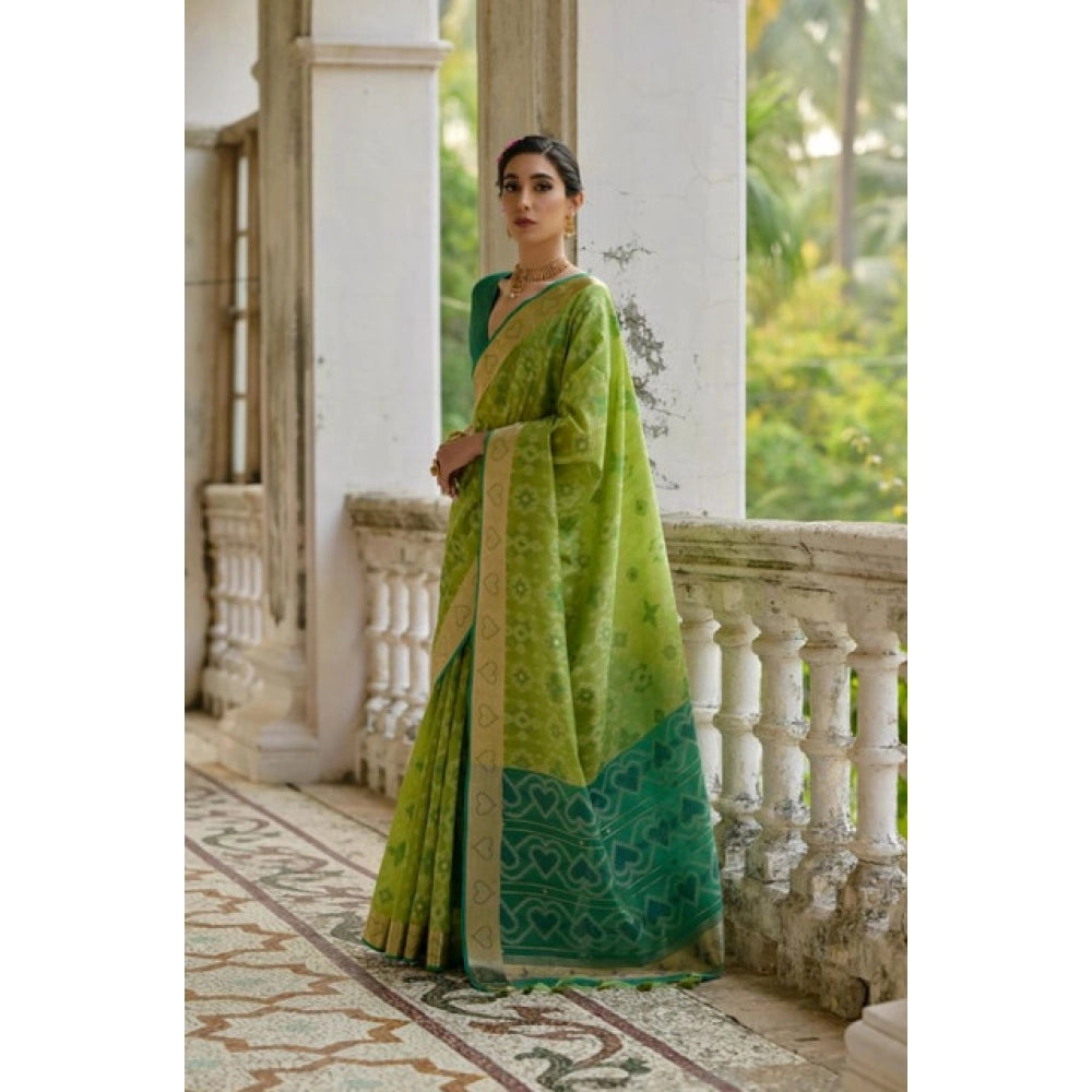 Silk_Blend Ethnic Ikat Pattern Saree With Unstitched Blouse 5.5Mtr (Light_Green)