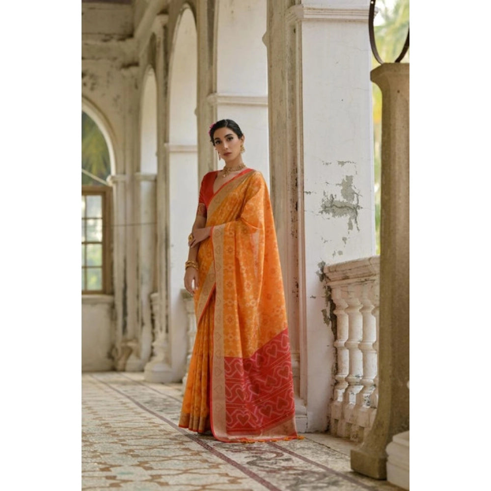 Silk_Blend Ethnic Ikat Pattern Saree With Unstitched Blouse 5.5Mtr (Mustard)