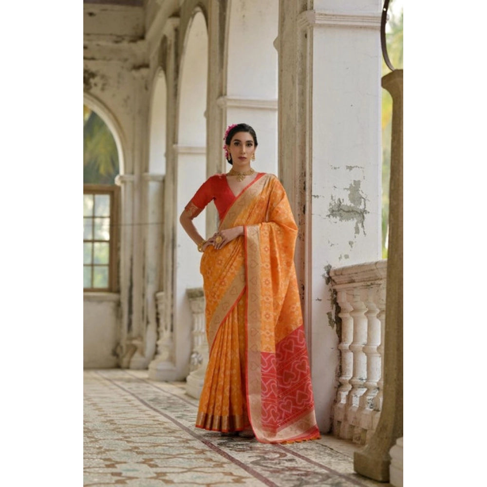 Silk_Blend Ethnic Ikat Pattern Saree With Unstitched Blouse 5.5Mtr (Mustard)