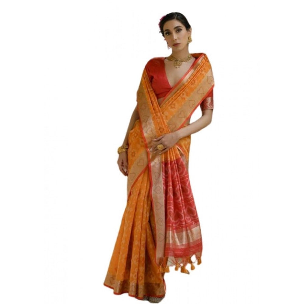 Silk_Blend Ethnic Ikat Pattern Saree With Unstitched Blouse 5.5Mtr (Mustard)