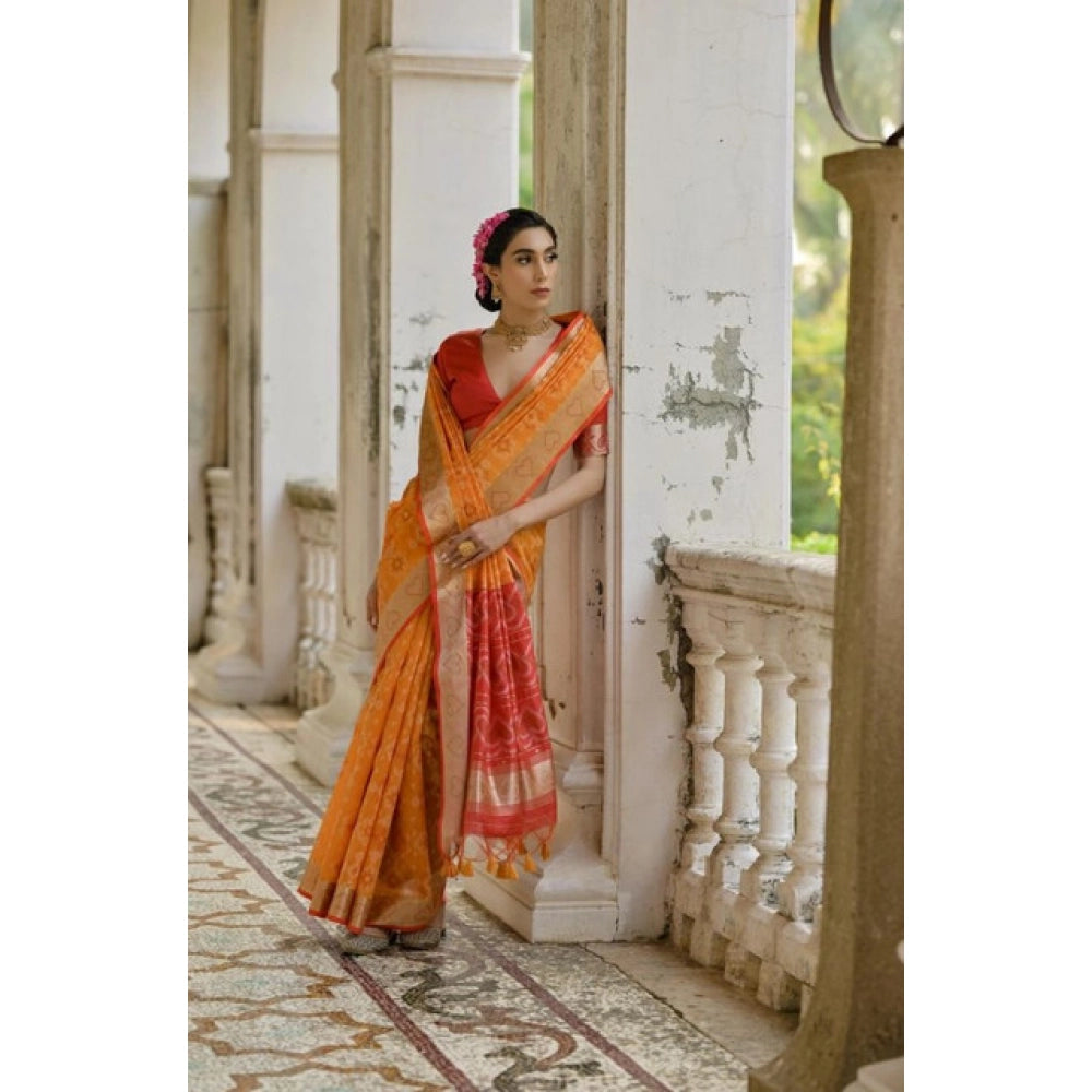 Silk_Blend Ethnic Ikat Pattern Saree With Unstitched Blouse 5.5Mtr (Mustard)