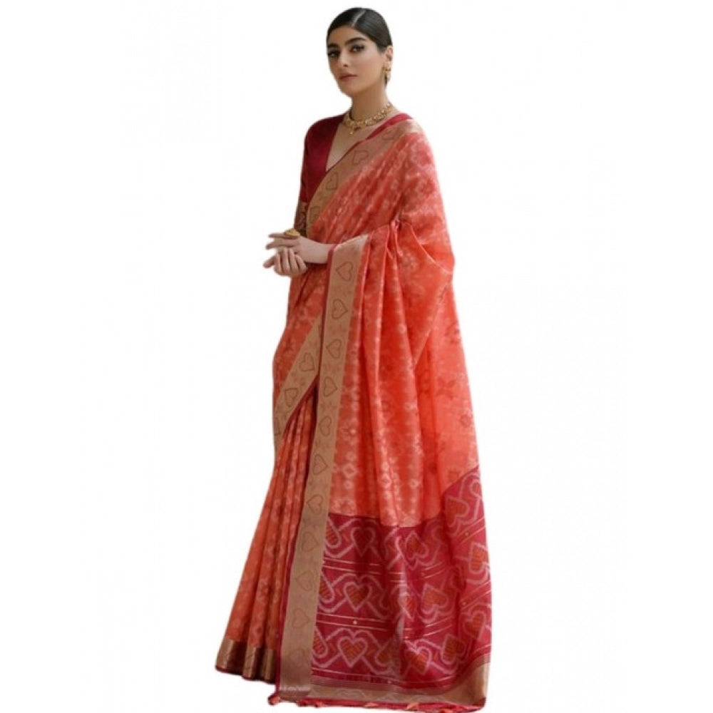 Silk_Blend Ethnic Ikat Pattern Saree With Unstitched Blouse 5.5Mtr (Orange)