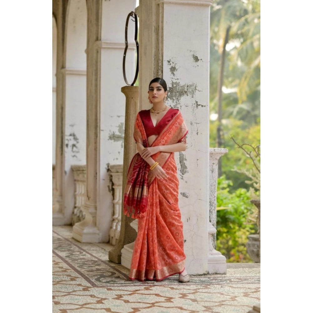 Silk_Blend Ethnic Ikat Pattern Saree With Unstitched Blouse 5.5Mtr (Orange)