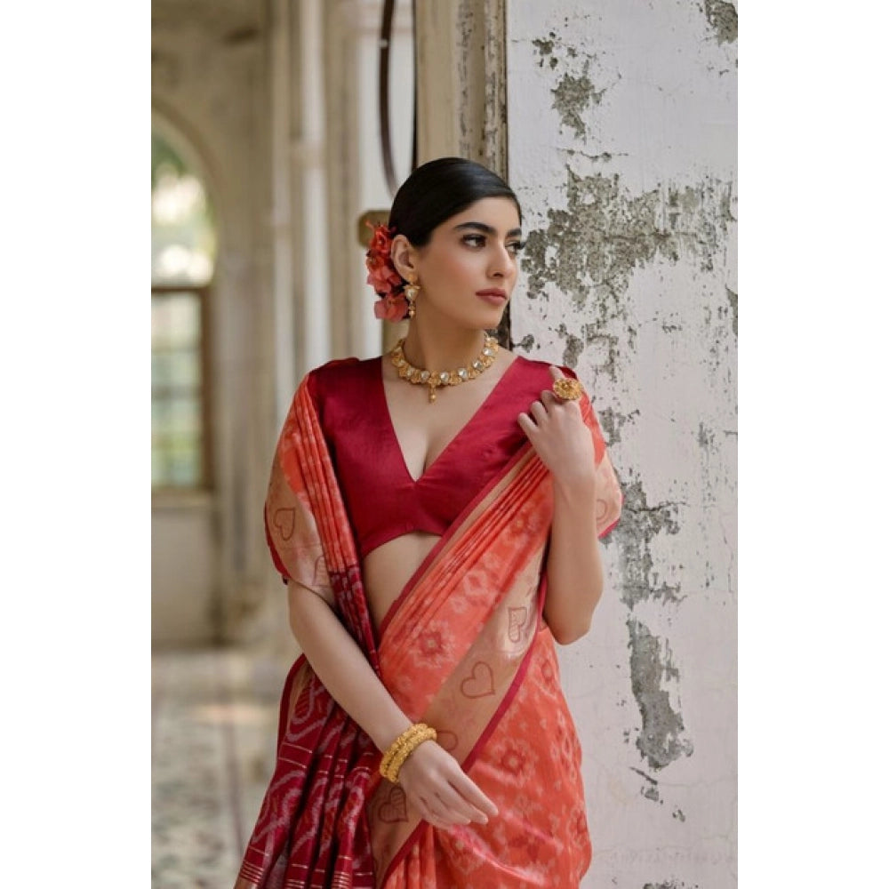 Silk_Blend Ethnic Ikat Pattern Saree With Unstitched Blouse 5.5Mtr (Orange)