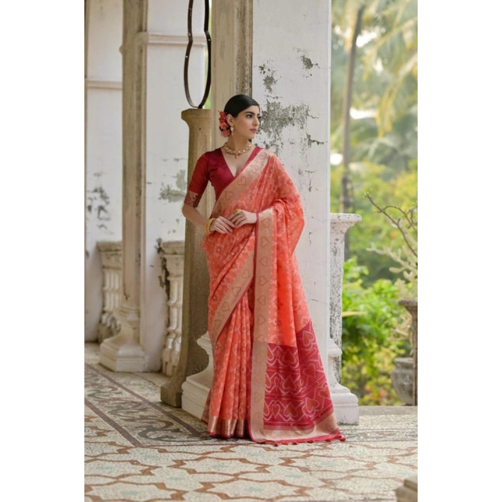Silk_Blend Ethnic Ikat Pattern Saree With Unstitched Blouse 5.5Mtr (Orange)