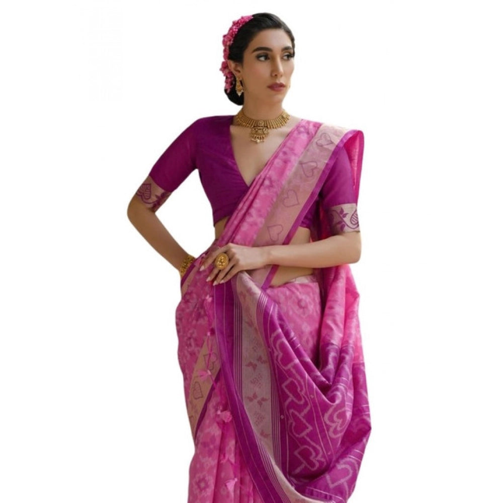 Silk_Blend Ethnic Ikat Pattern Saree With Unstitched Blouse 5.5Mtr (Pink)