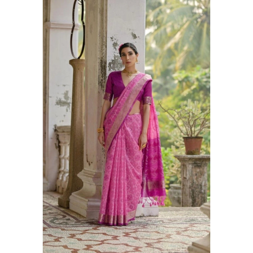Silk_Blend Ethnic Ikat Pattern Saree With Unstitched Blouse 5.5Mtr (Pink)