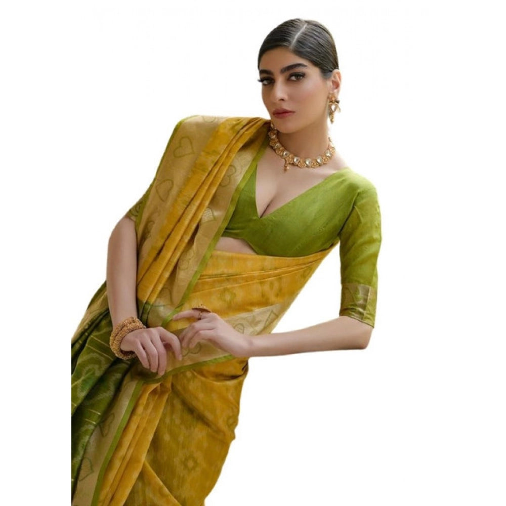 Silk_Blend Ethnic Ikat Pattern Saree With Unstitched Blouse 5.5Mtr (Yellow)