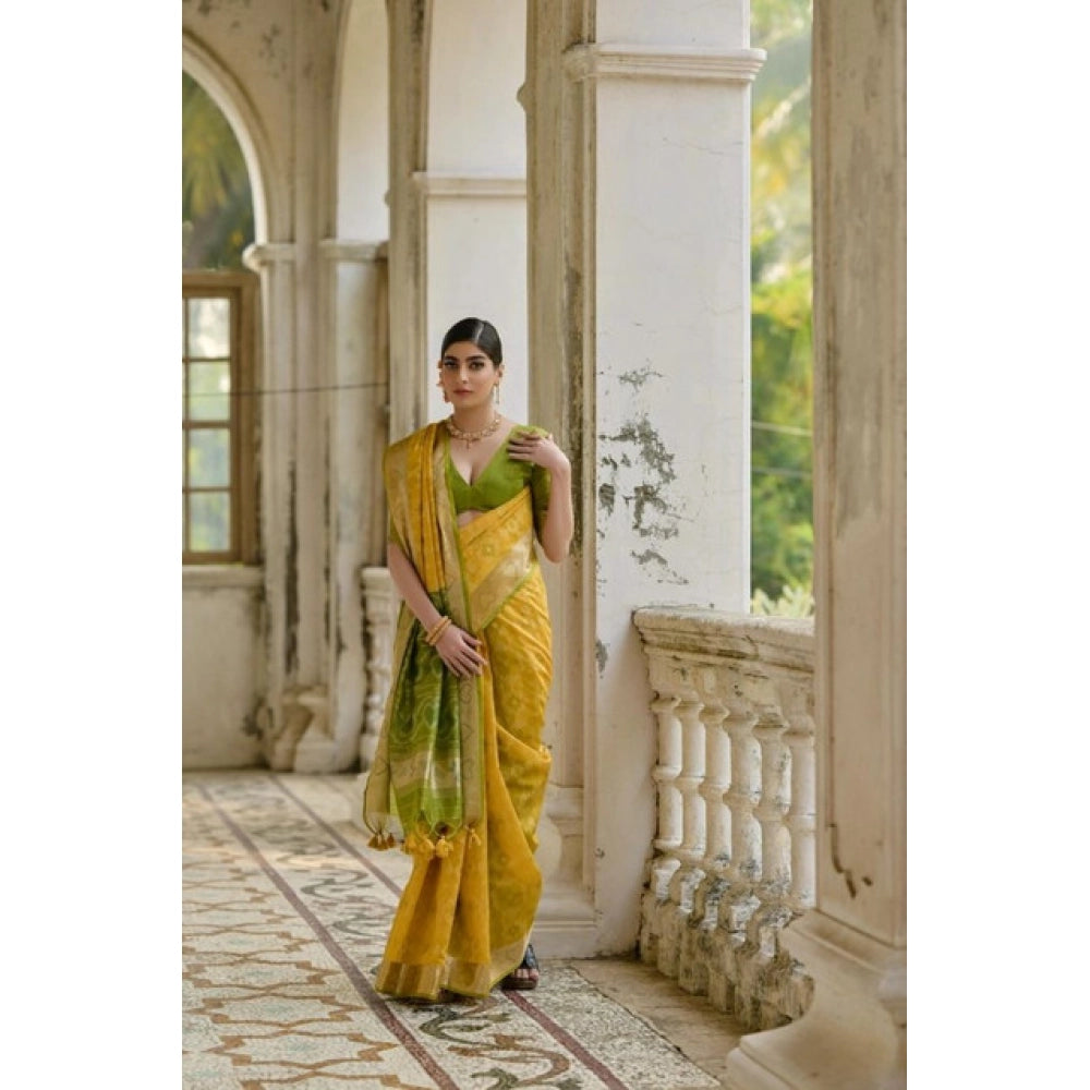 Silk_Blend Ethnic Ikat Pattern Saree With Unstitched Blouse 5.5Mtr (Yellow)
