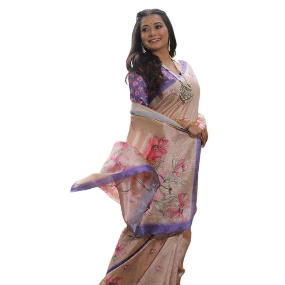 Faux_Tussar Floral_Print Saree With Unstitched Blouse 5.5Mtr (Beige)