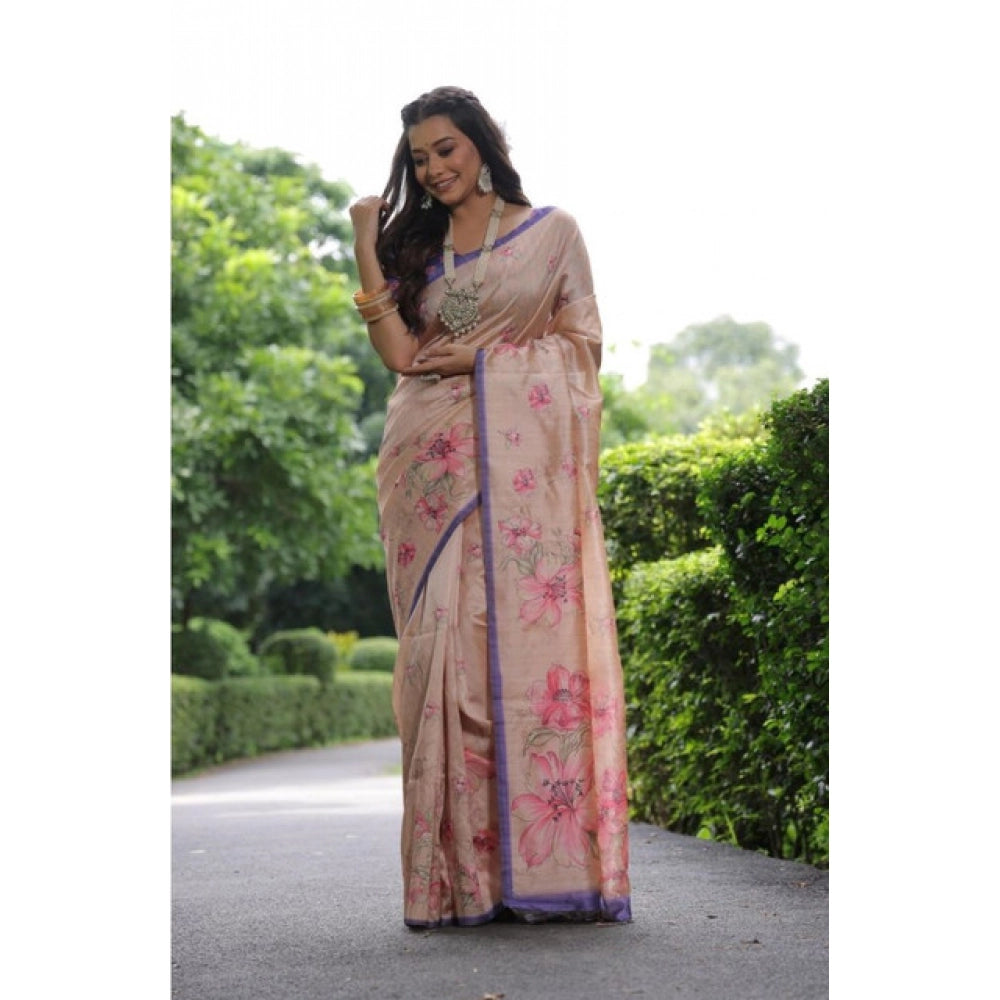 Faux_Tussar Floral_Print Saree With Unstitched Blouse 5.5Mtr (Beige)