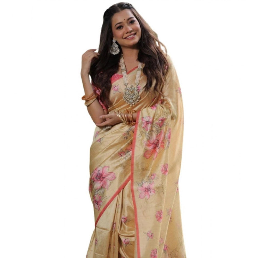 Faux_Tussar Floral_Print Saree With Unstitched Blouse 5.5Mtr (Cream)