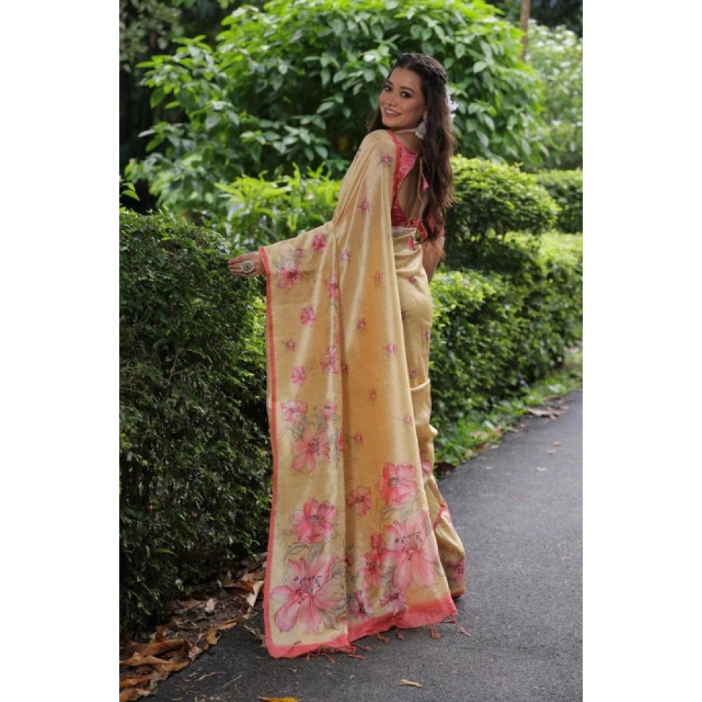 Faux_Tussar Floral_Print Saree With Unstitched Blouse 5.5Mtr (Cream)