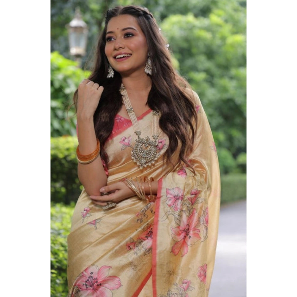 Faux_Tussar Floral_Print Saree With Unstitched Blouse 5.5Mtr (Cream)