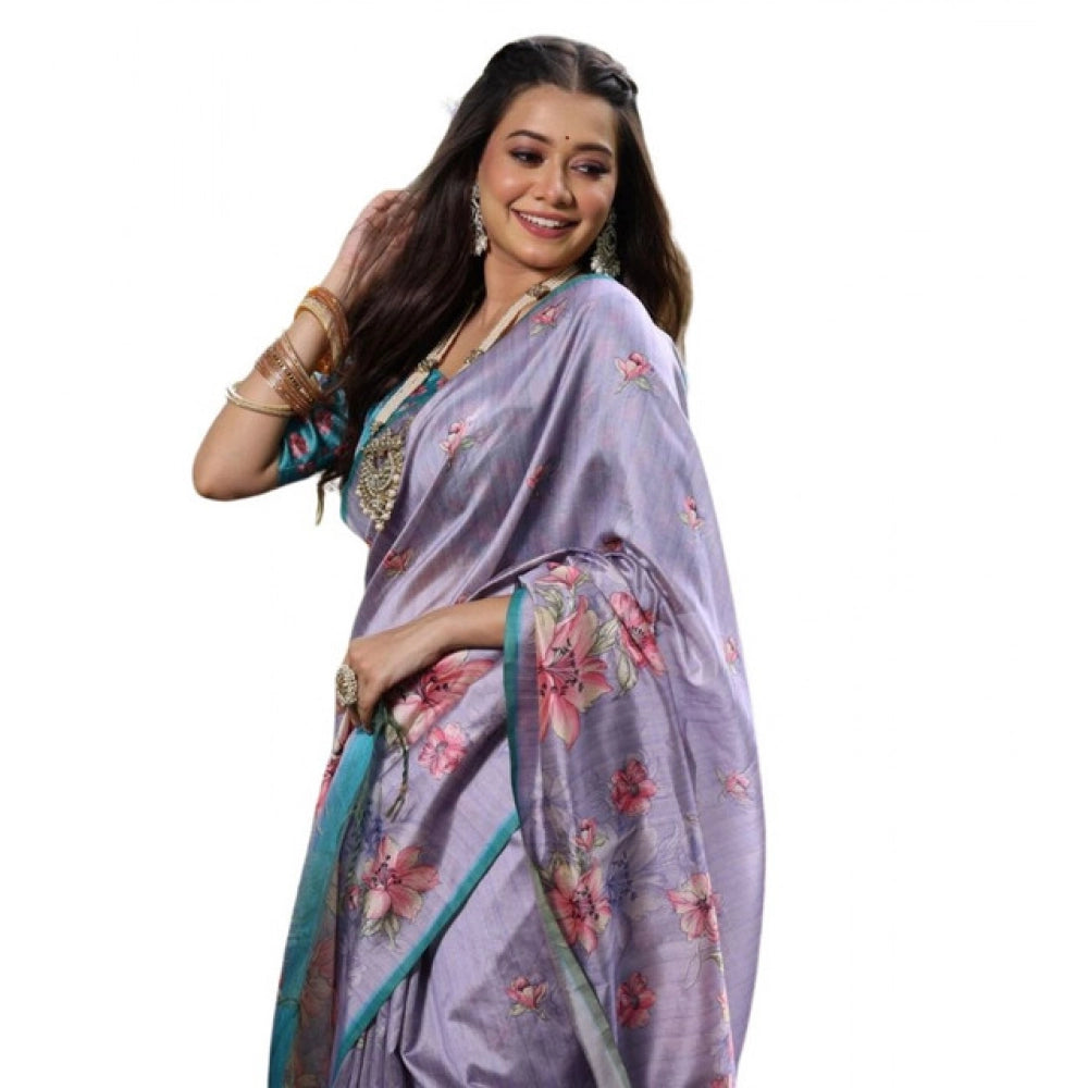 Faux_Tussar Floral_Print Saree With Unstitched Blouse 5.5Mtr (Lavender)