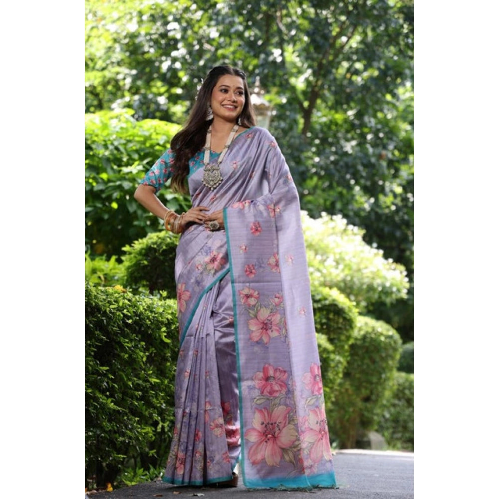 Faux_Tussar Floral_Print Saree With Unstitched Blouse 5.5Mtr (Lavender)