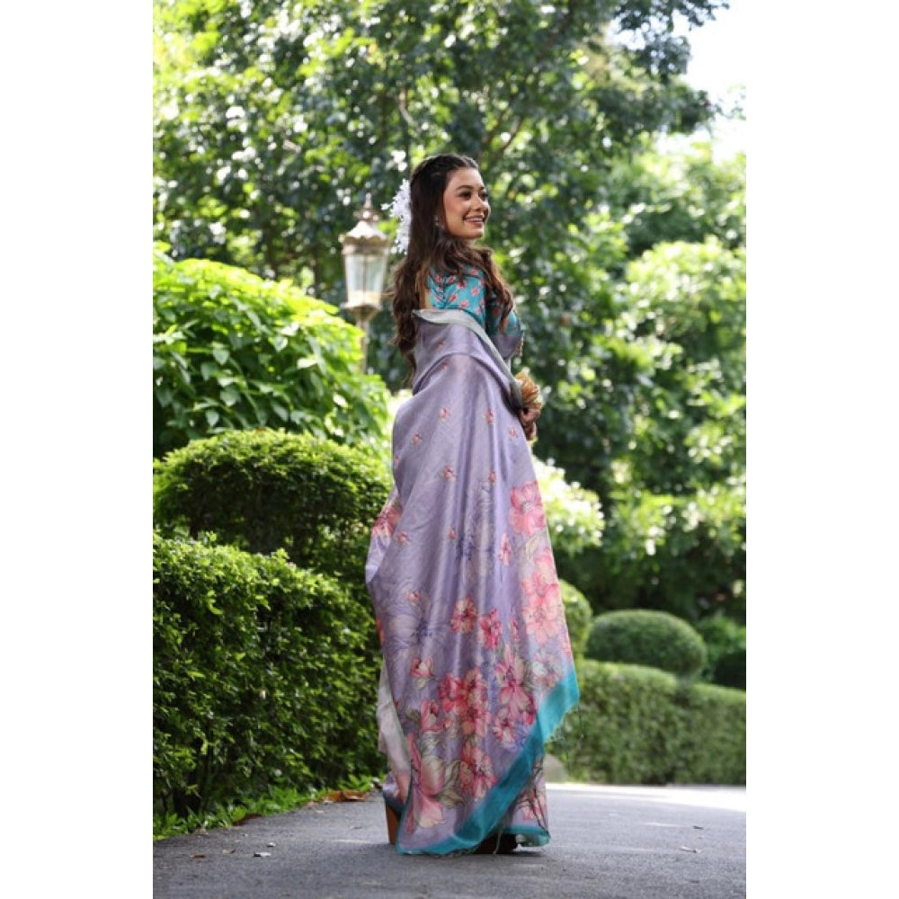 Faux_Tussar Floral_Print Saree With Unstitched Blouse 5.5Mtr (Lavender)