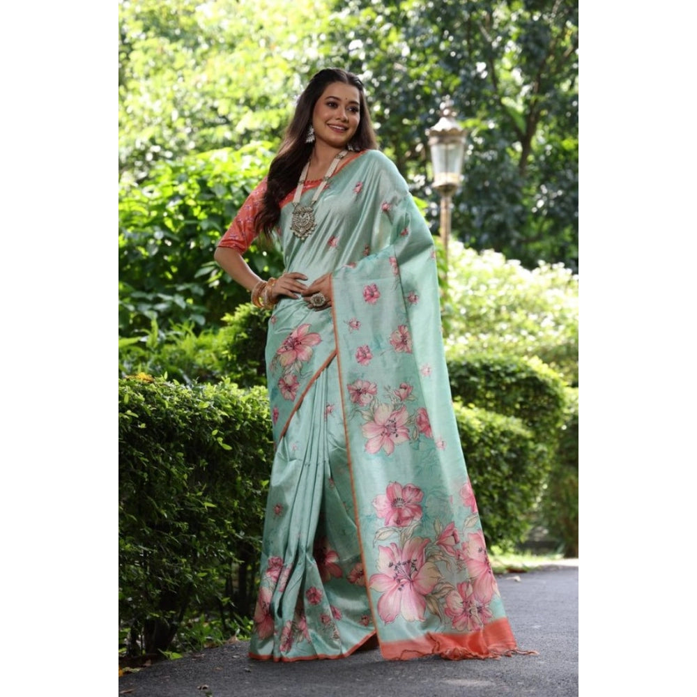 Faux_Tussar Floral_Print Saree With Unstitched Blouse 5.5Mtr (Dark_Green)