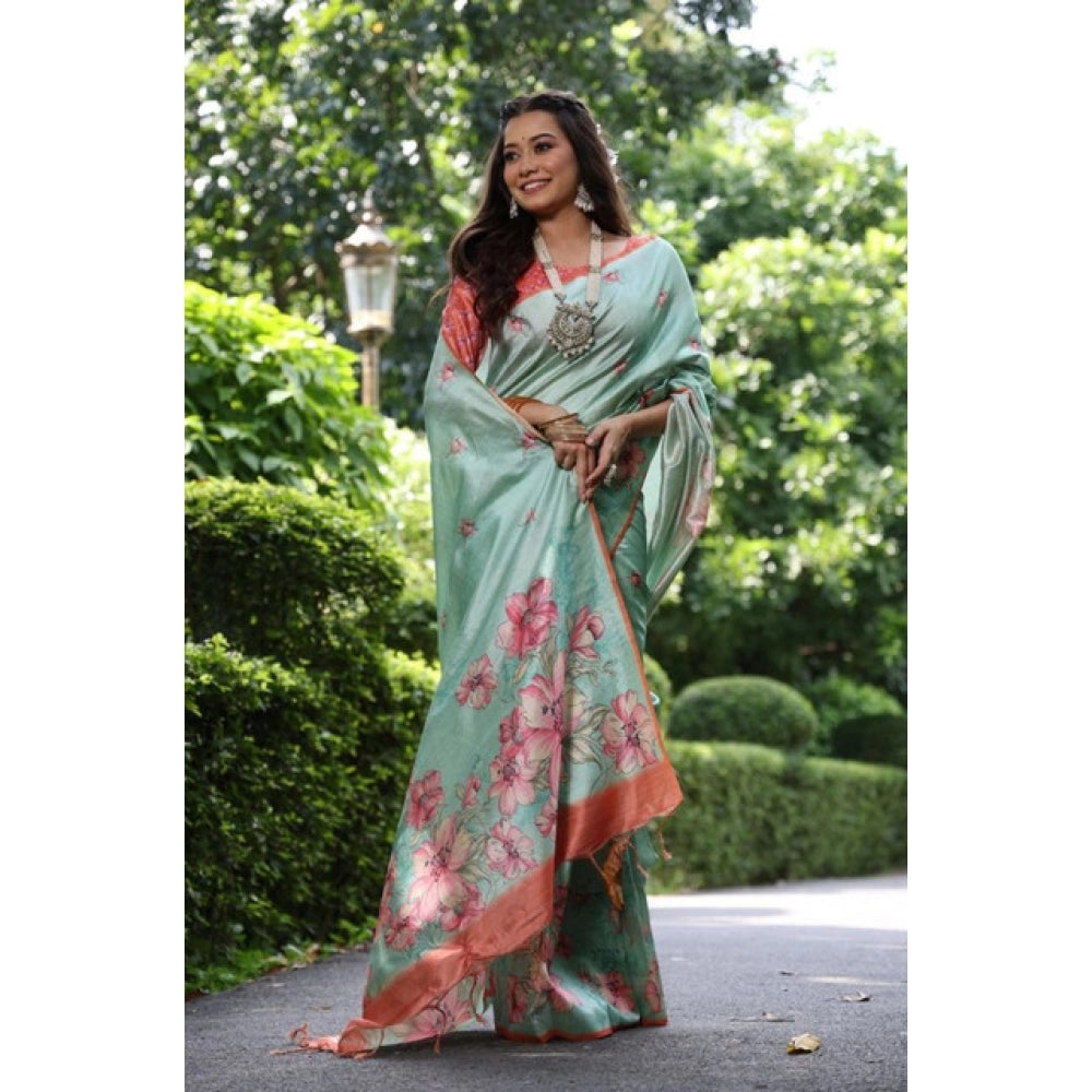 Faux_Tussar Floral_Print Saree With Unstitched Blouse 5.5Mtr (Dark_Green)