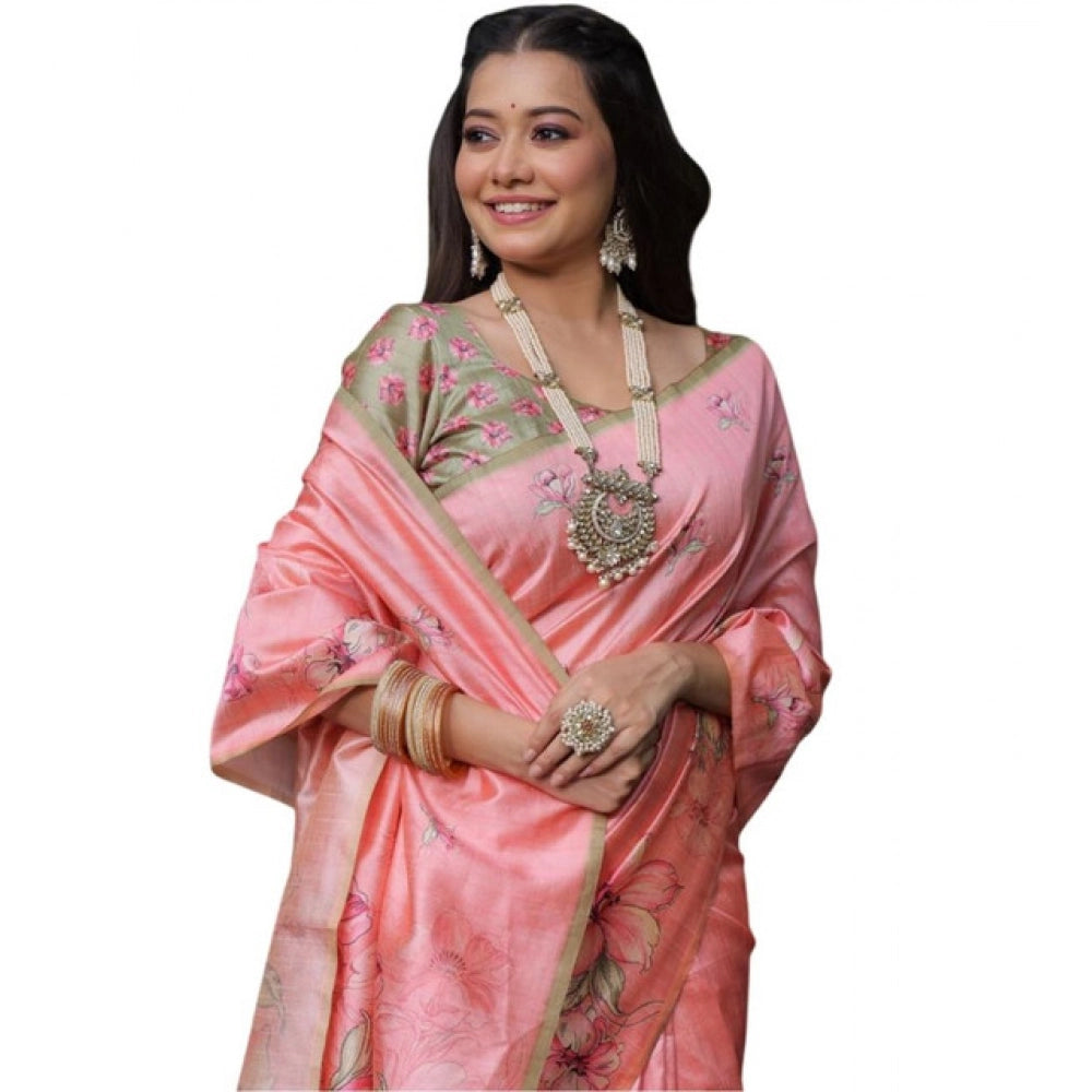 Faux_Tussar Floral_Print Saree With Unstitched Blouse 5.5Mtr (Peach)