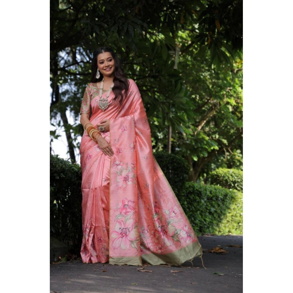 Faux_Tussar Floral_Print Saree With Unstitched Blouse 5.5Mtr (Peach)