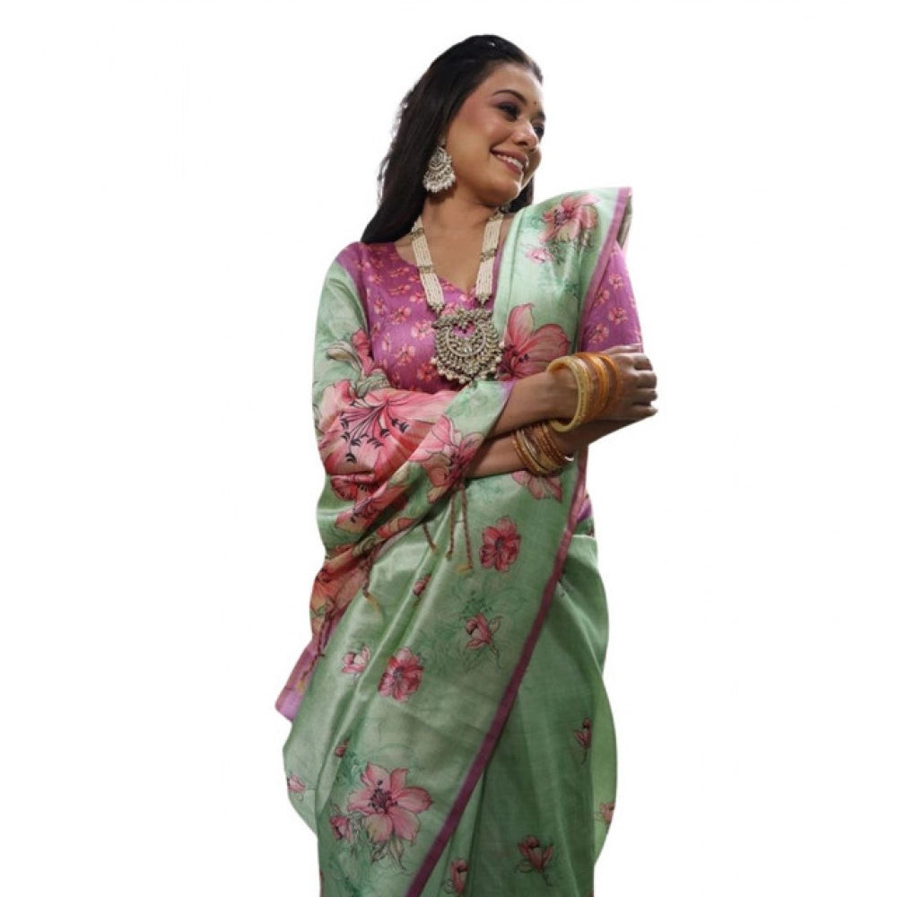 Faux_Tussar Floral_Print Saree With Unstitched Blouse 5.5Mtr (Light_Green)