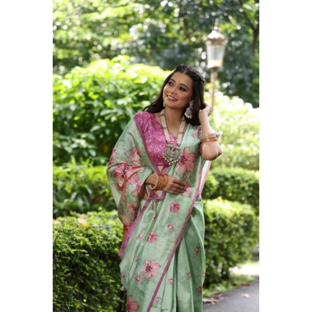 Faux_Tussar Floral_Print Saree With Unstitched Blouse 5.5Mtr (Light_Green)