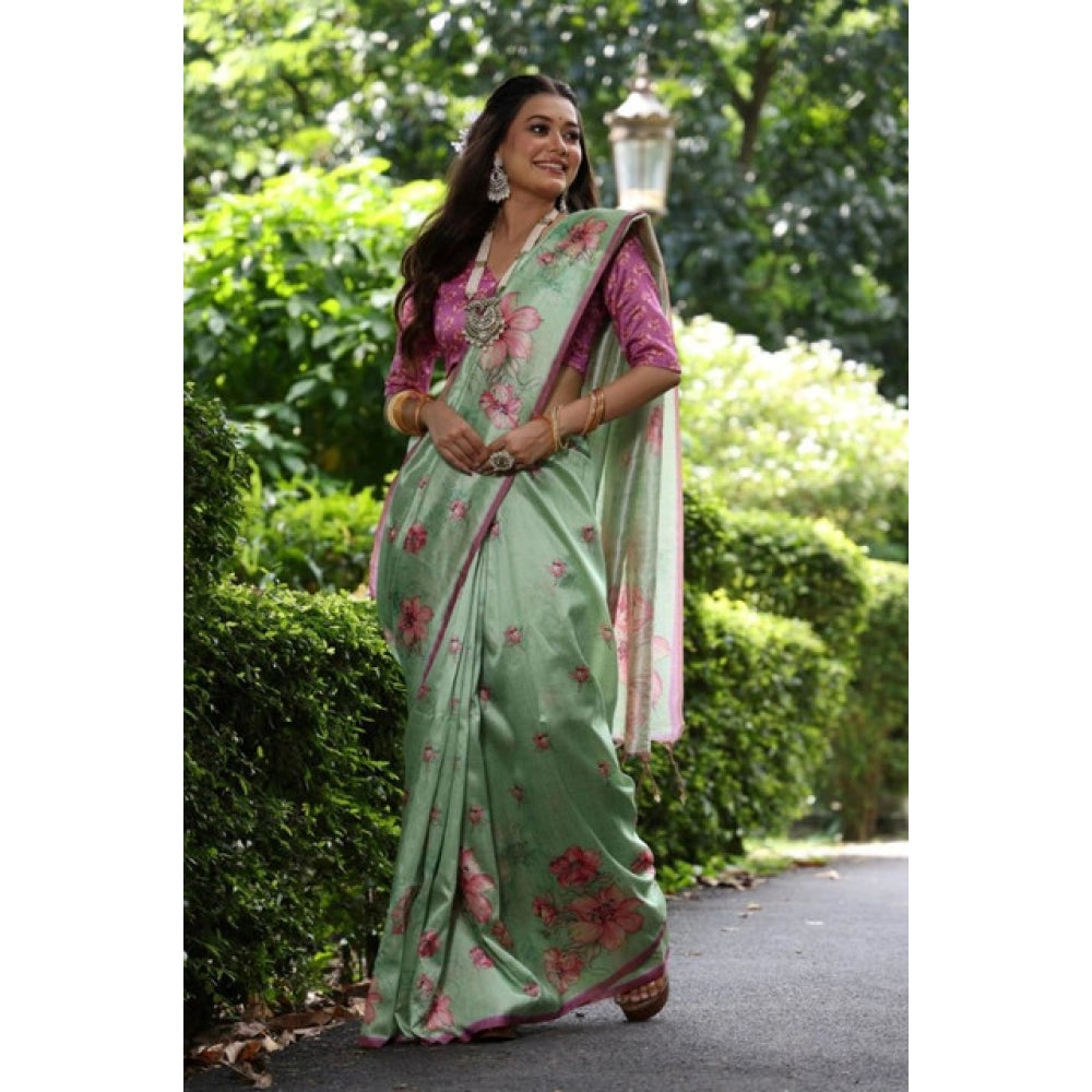Faux_Tussar Floral_Print Saree With Unstitched Blouse 5.5Mtr (Light_Green)
