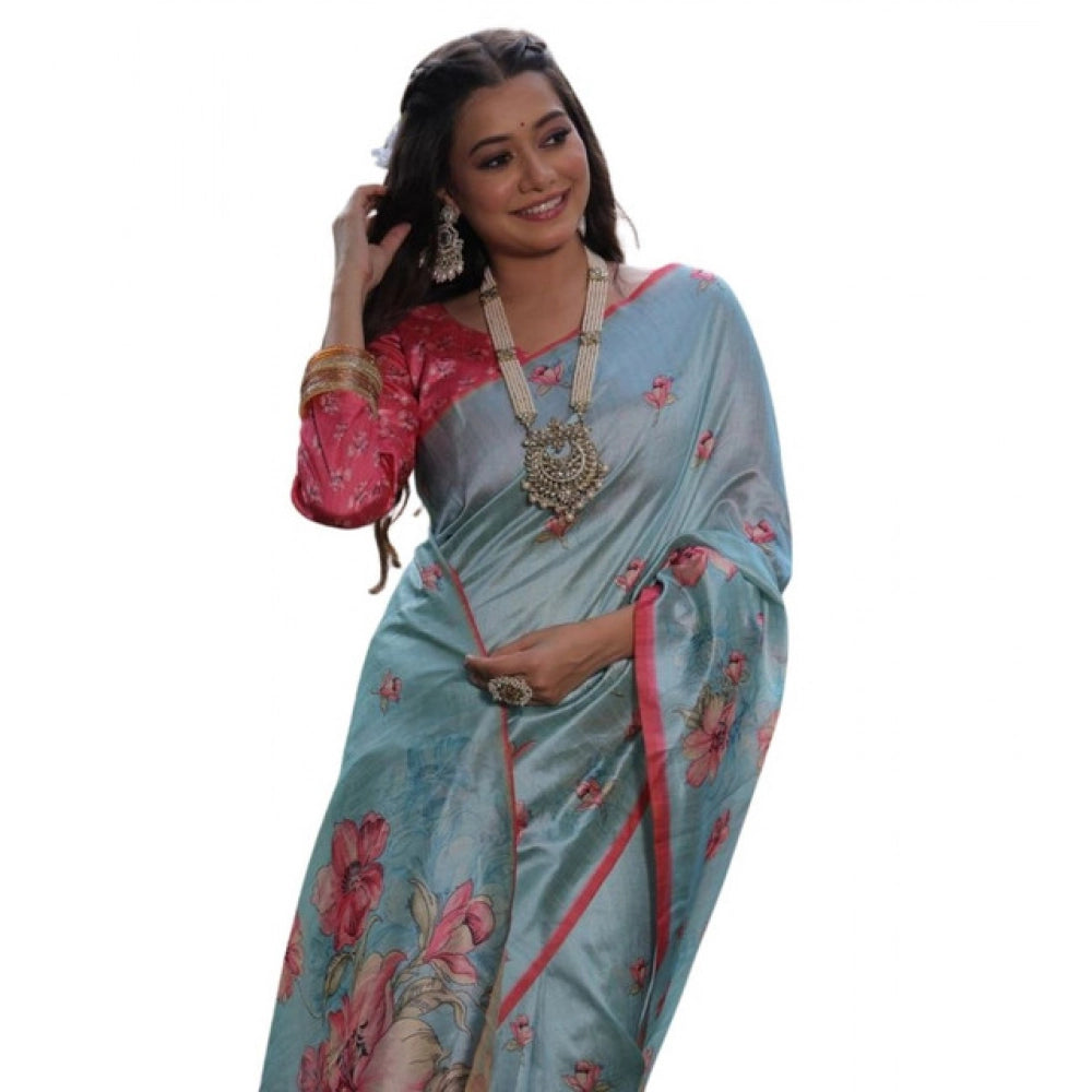 Faux_Tussar Floral_Print Saree With Unstitched Blouse 5.5Mtr (Sky_Blue)