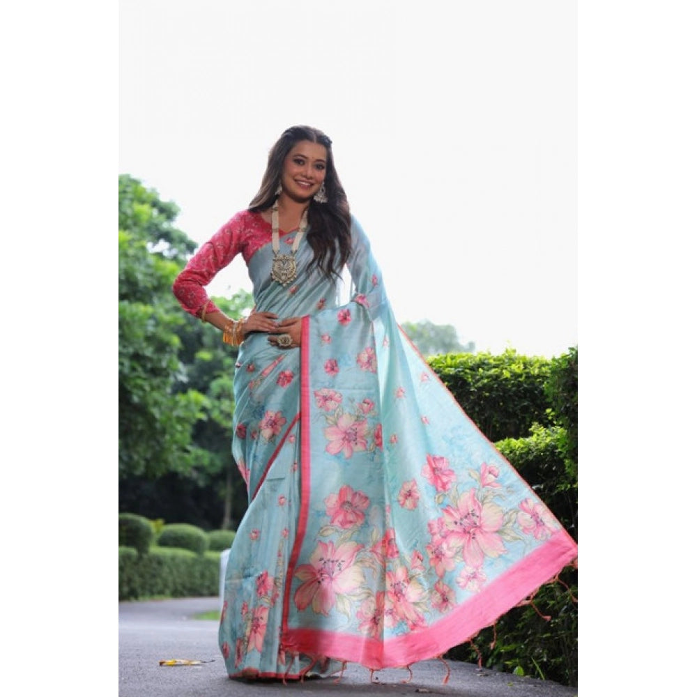 Faux_Tussar Floral_Print Saree With Unstitched Blouse 5.5Mtr (Sky_Blue)