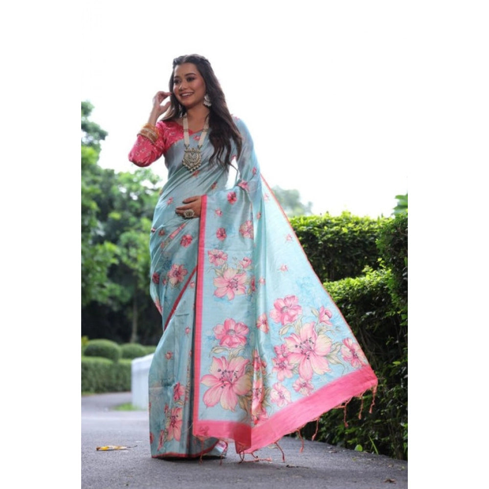 Faux_Tussar Floral_Print Saree With Unstitched Blouse 5.5Mtr (Sky_Blue)