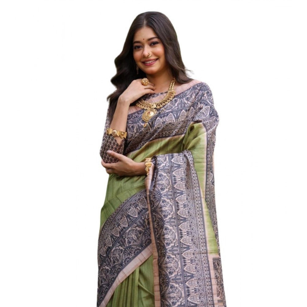 Faux_Tussar Ethnic_Print Saree With Unstitched Blouse 5.5Mtr (Olive)