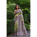 Faux_Tussar Ethnic_Print Saree With Unstitched Blouse 5.5Mtr (Olive)
