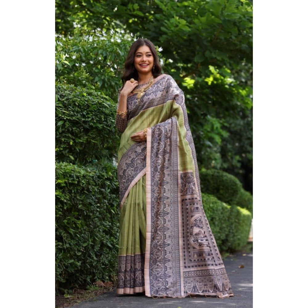 Faux_Tussar Ethnic_Print Saree With Unstitched Blouse 5.5Mtr (Olive)