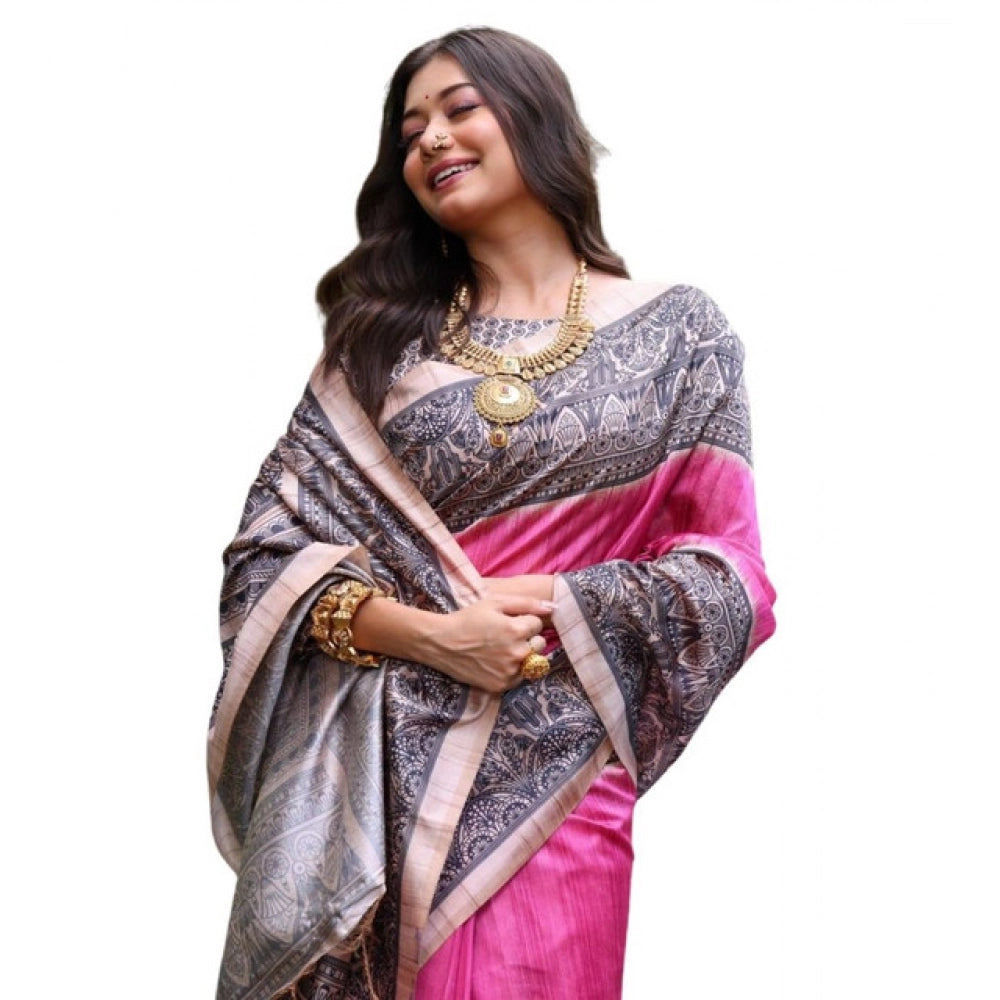Faux_Tussar Ethnic_Print Saree With Unstitched Blouse 5.5Mtr (Pink)