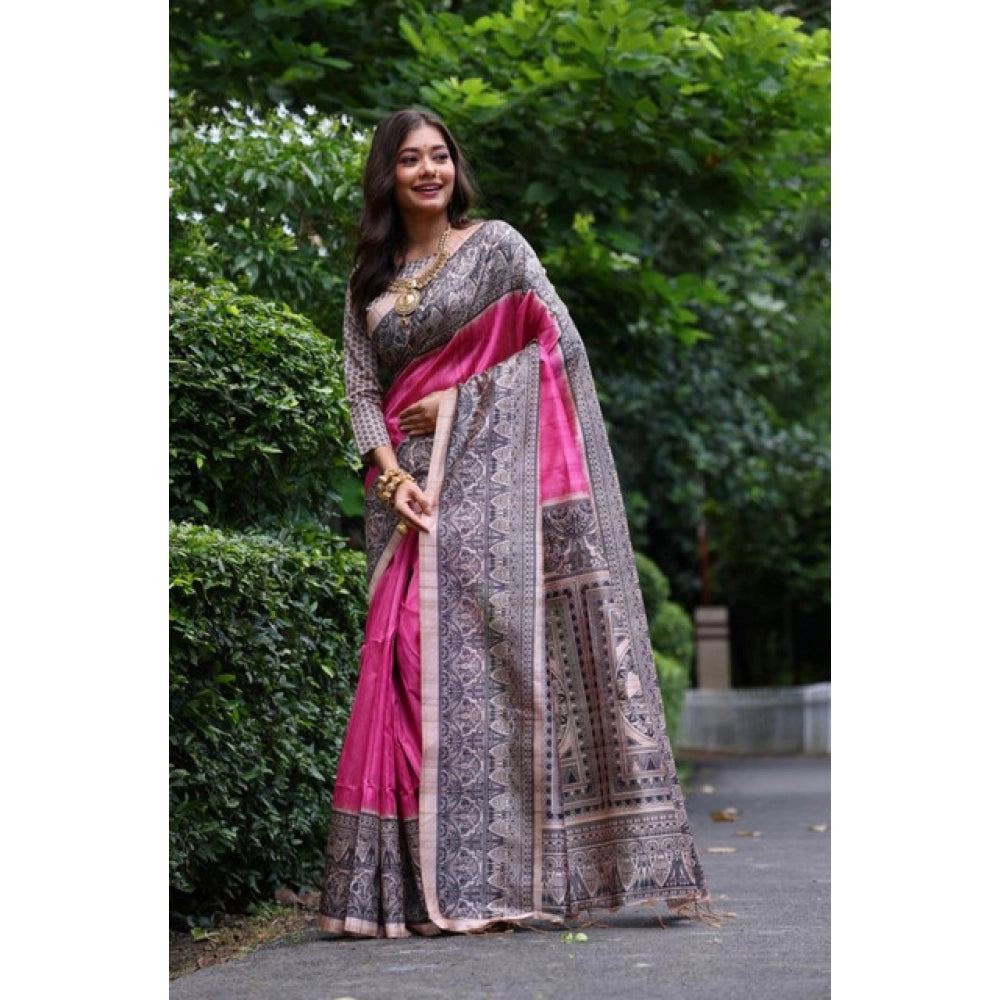Faux_Tussar Ethnic_Print Saree With Unstitched Blouse 5.5Mtr (Pink)