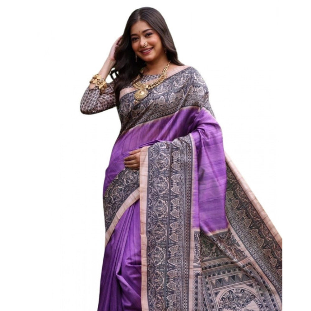 Faux_Tussar Ethnic_Print Saree With Unstitched Blouse 5.5Mtr (Purple)