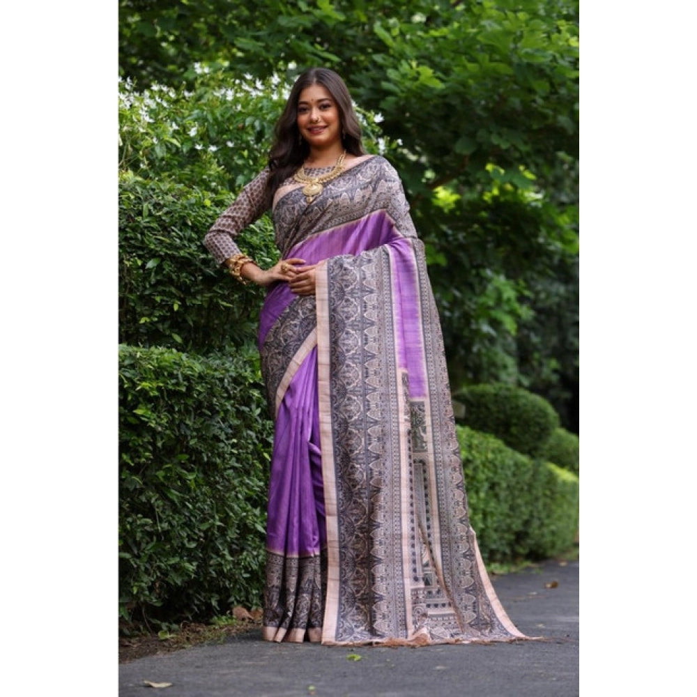 Faux_Tussar Ethnic_Print Saree With Unstitched Blouse 5.5Mtr (Purple)