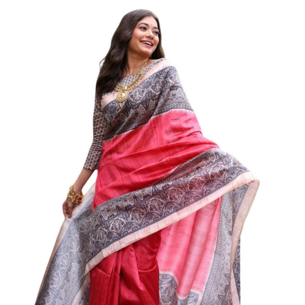 Faux_Tussar Ethnic_Print Saree With Unstitched Blouse 5.5Mtr (Red)